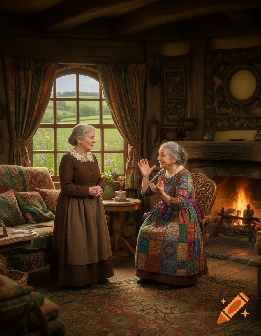 Two elderly women, one standing and one seated, converse in a cozy, rustic room with a lit fireplace and a window overlooking a green landscape.