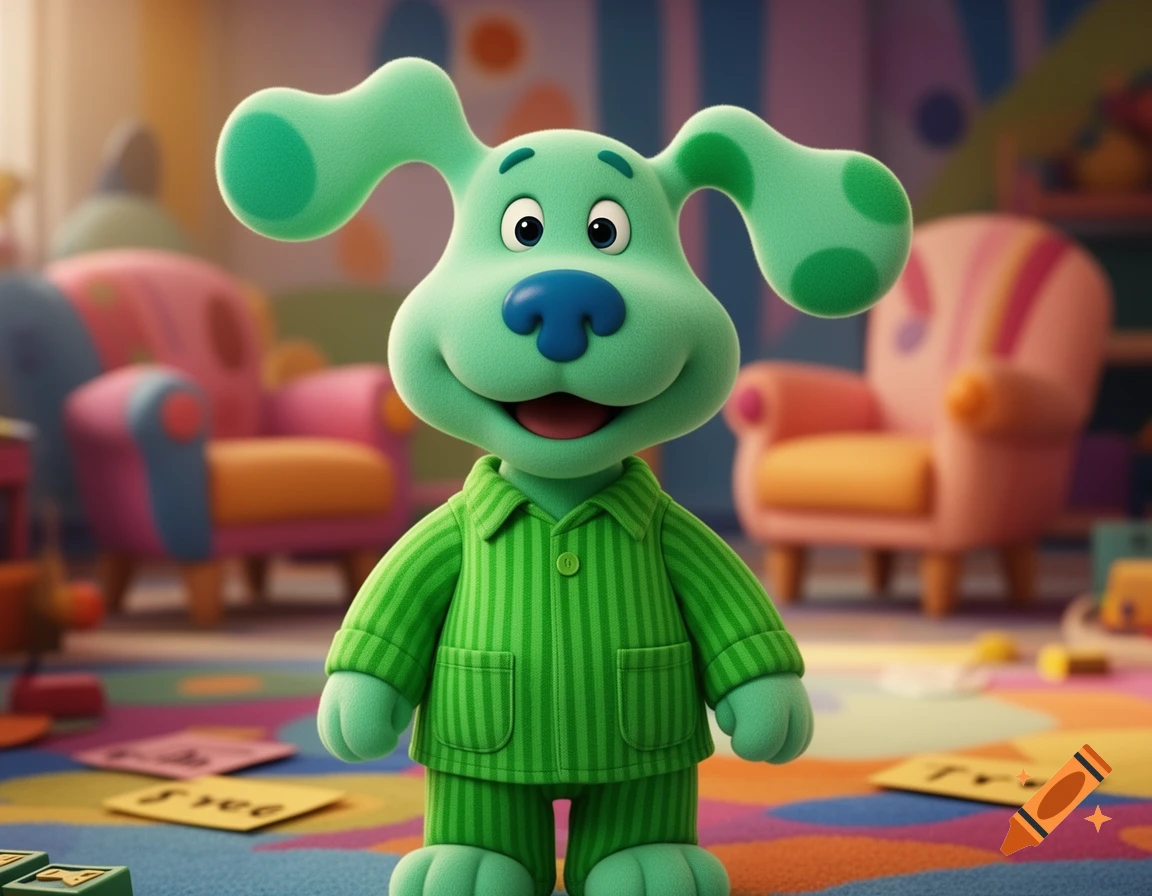 A cheerful green cartoon dog character in pajamas stands in a colorful playroom, reminiscent of Blue's Clues.