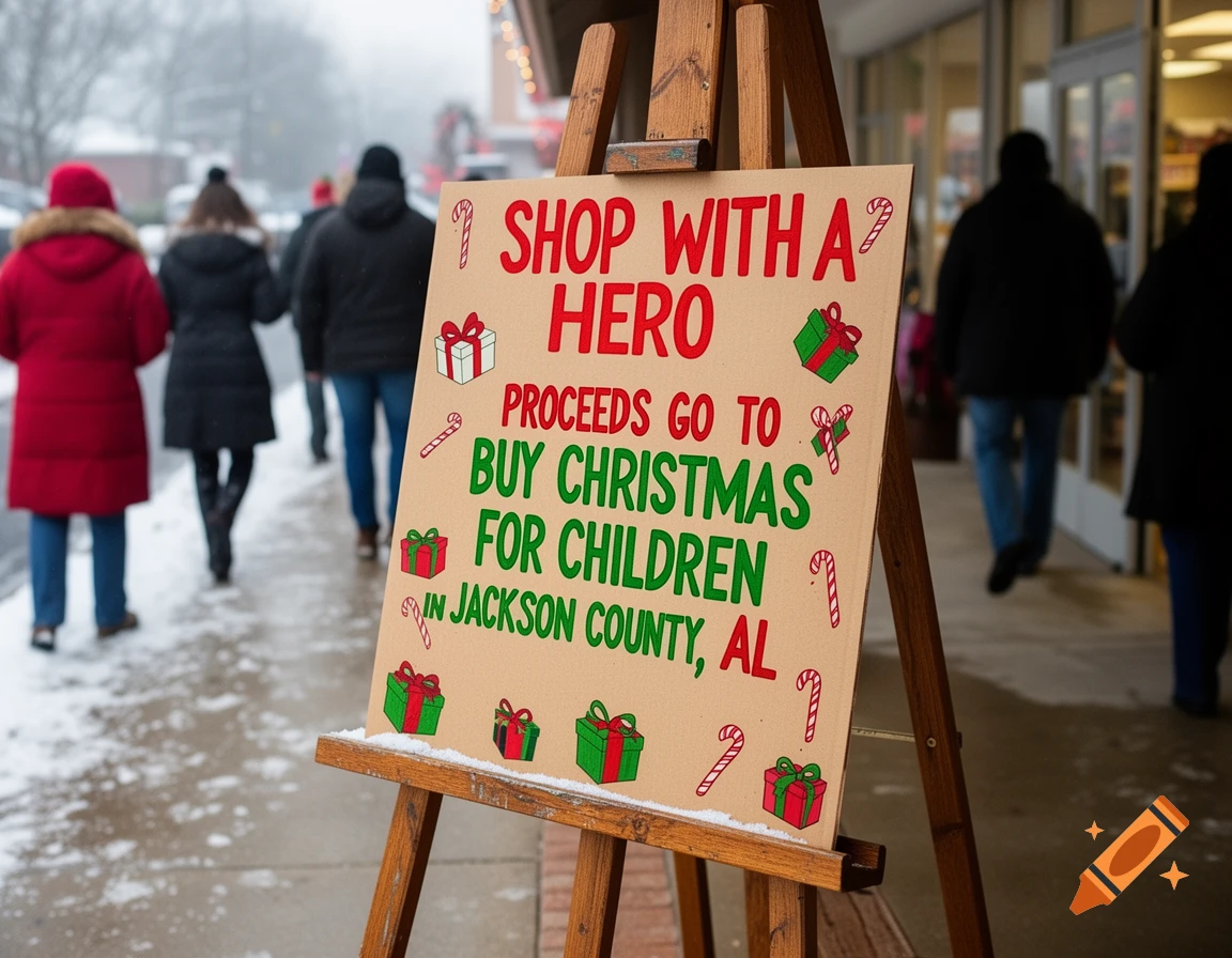 A donation sign reading 'Shop With A Hero' for Christmas gifts, set outdoors in the snow with blurred figures walking by.