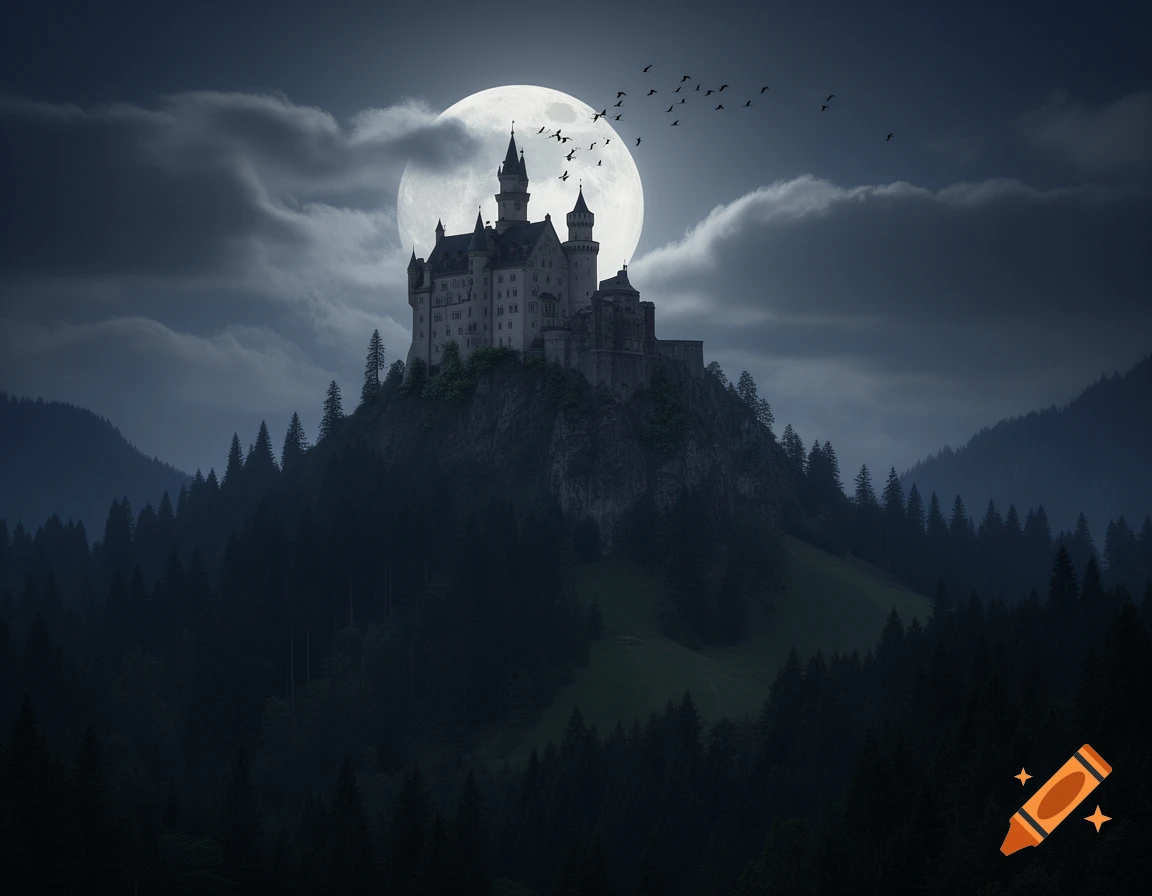 A dramatic night scene of a European-style castle on a dark, tree-covered mountain, silhouetted against a huge full moon and cloudy sky, with birds flying.