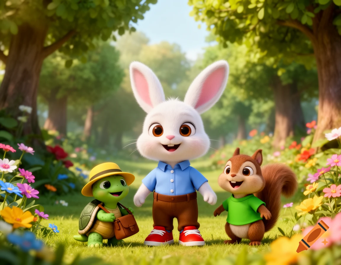 A smiling white cartoon rabbit, green turtle, and brown squirrel in a lush forest with colorful flowers, 3D children's book style.
