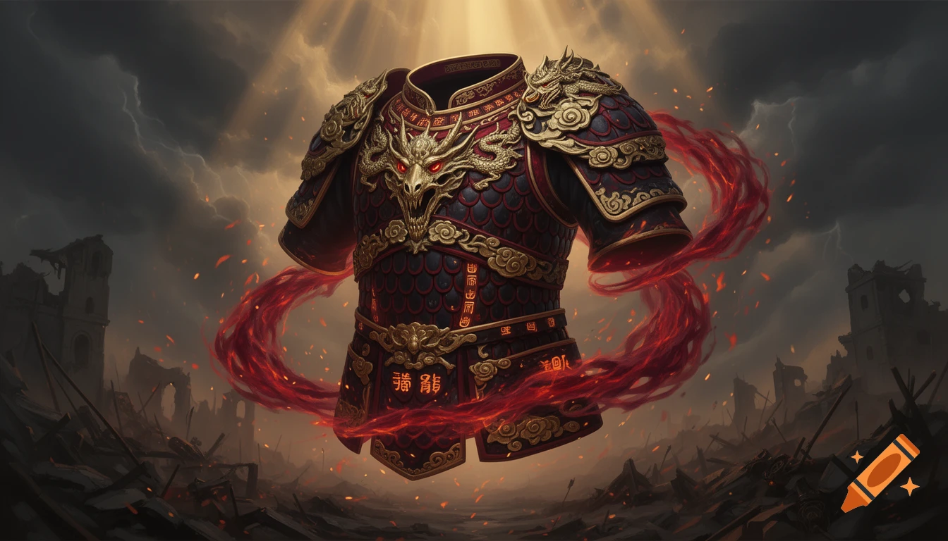An ornate red and black Chinese armor chestplate with gold dragon trim floats amidst battlefield ruins under dramatic golden light.