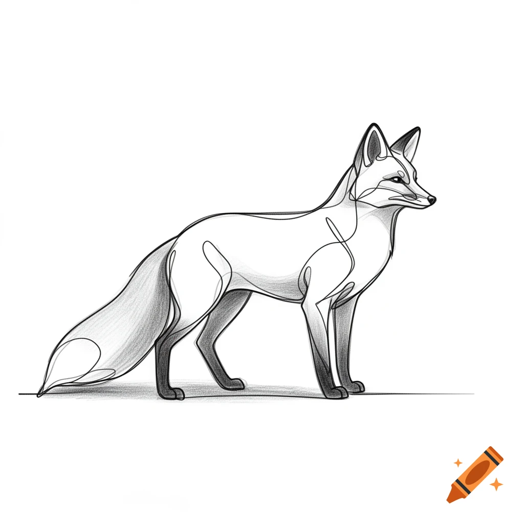 Stylized line art drawing of a fox standing, facing right, with subtle gray shading on a white background.