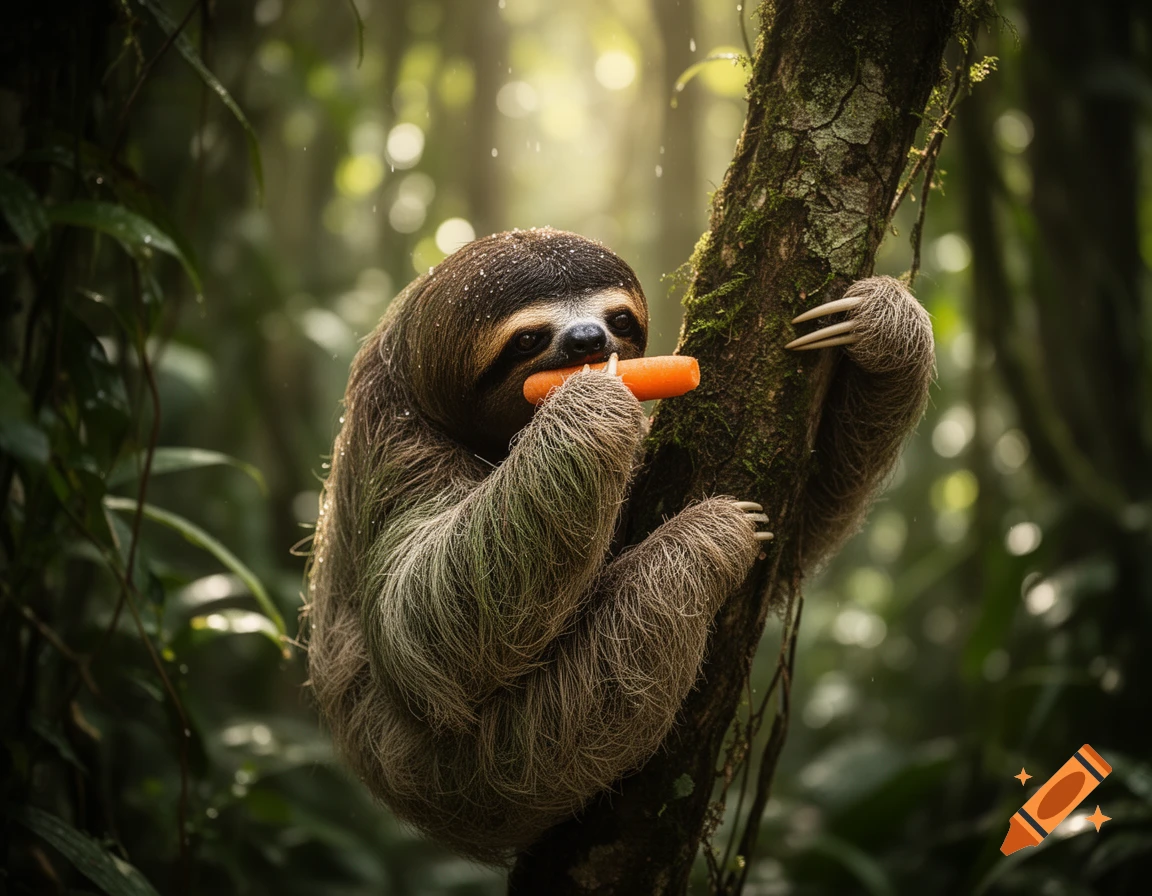 A furry sloth with long claws hangs from a mossy tree trunk, eating an orange carrot in a sun-dappled rainforest.