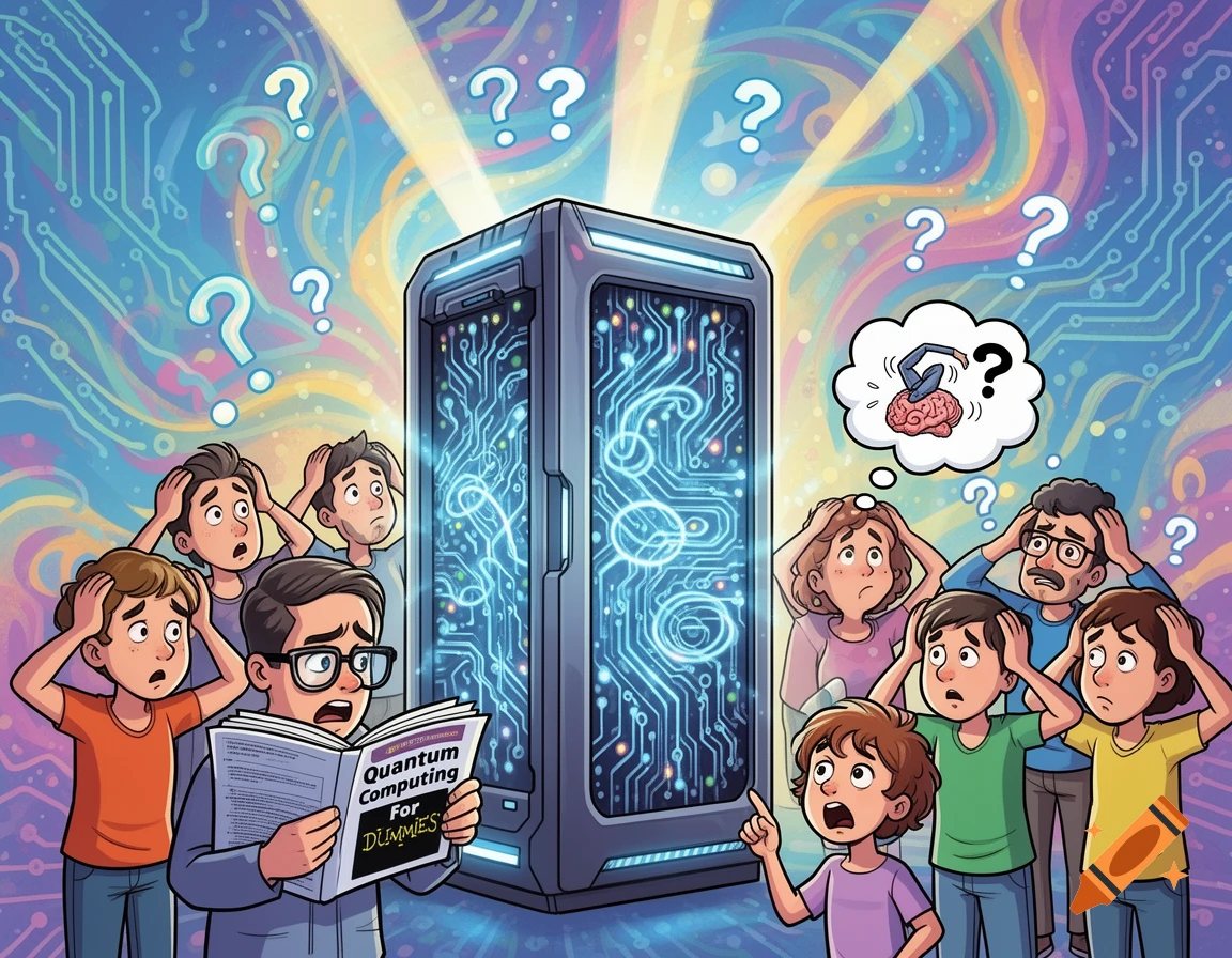 Puzzled cartoon people surround a glowing quantum computer, one person reads a 'Quantum Computing For DUMMIES' book.