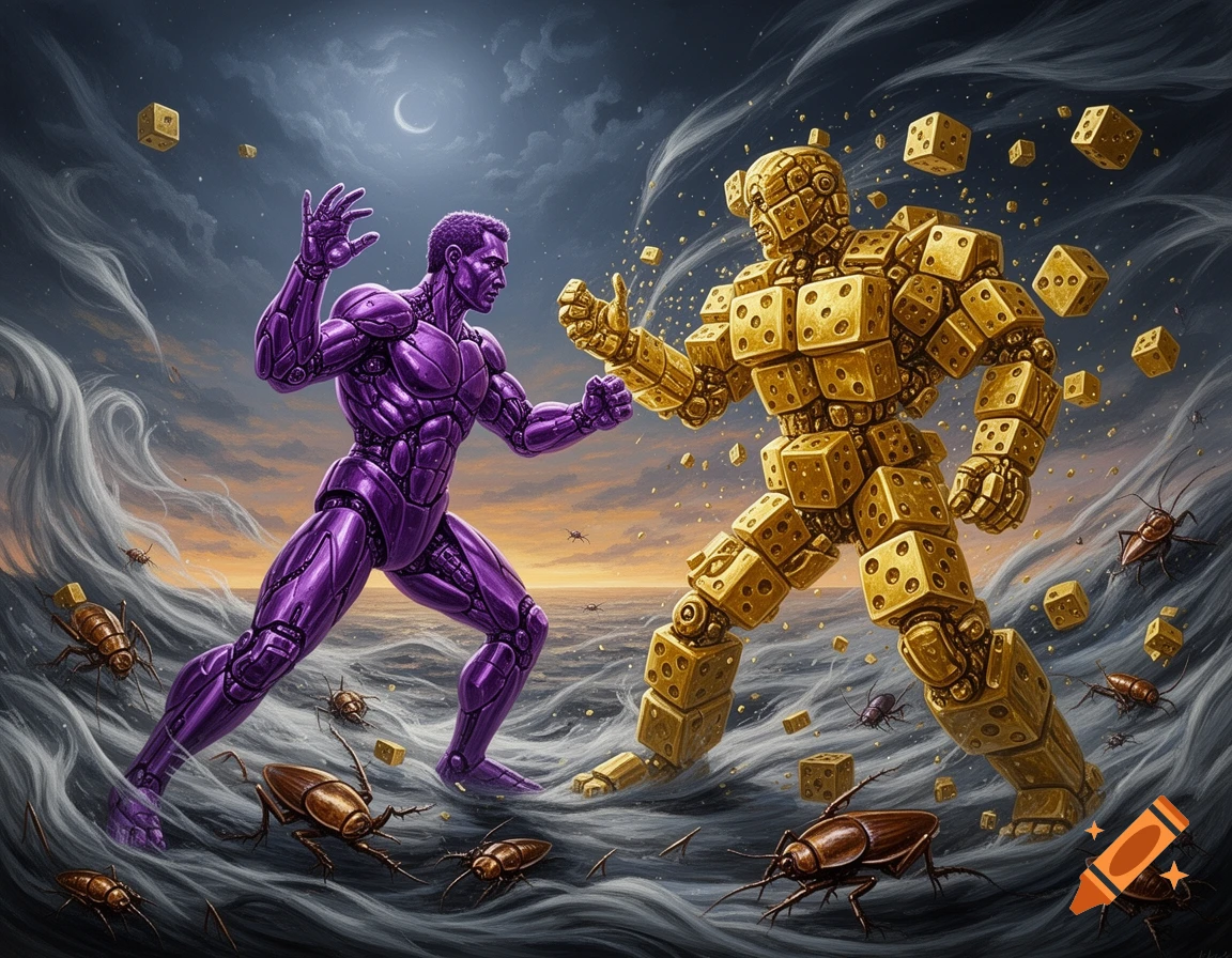 A muscular metallic purple figure fights a giant golden dice monster amidst swirling mist and cockroaches under a crescent moon.