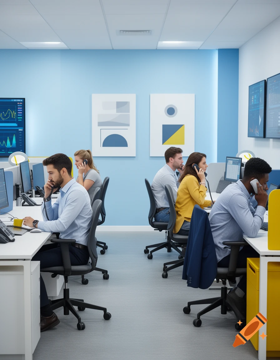 People working in a modern, brightly lit office with blue walls, using computers and talking on landline phones.