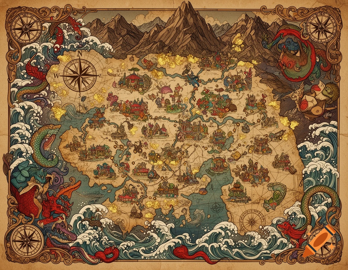 Detailed maximalist collage illustration of an old treasure map with dragons, waves, mountains, and compass roses.