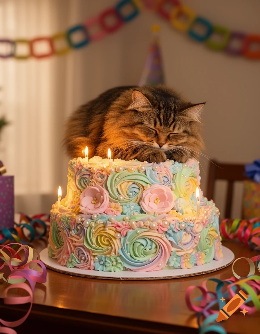 Fluffy tabby cat sleeping peacefully on a colorful two-tier birthday cake with lit candles and party streamers.