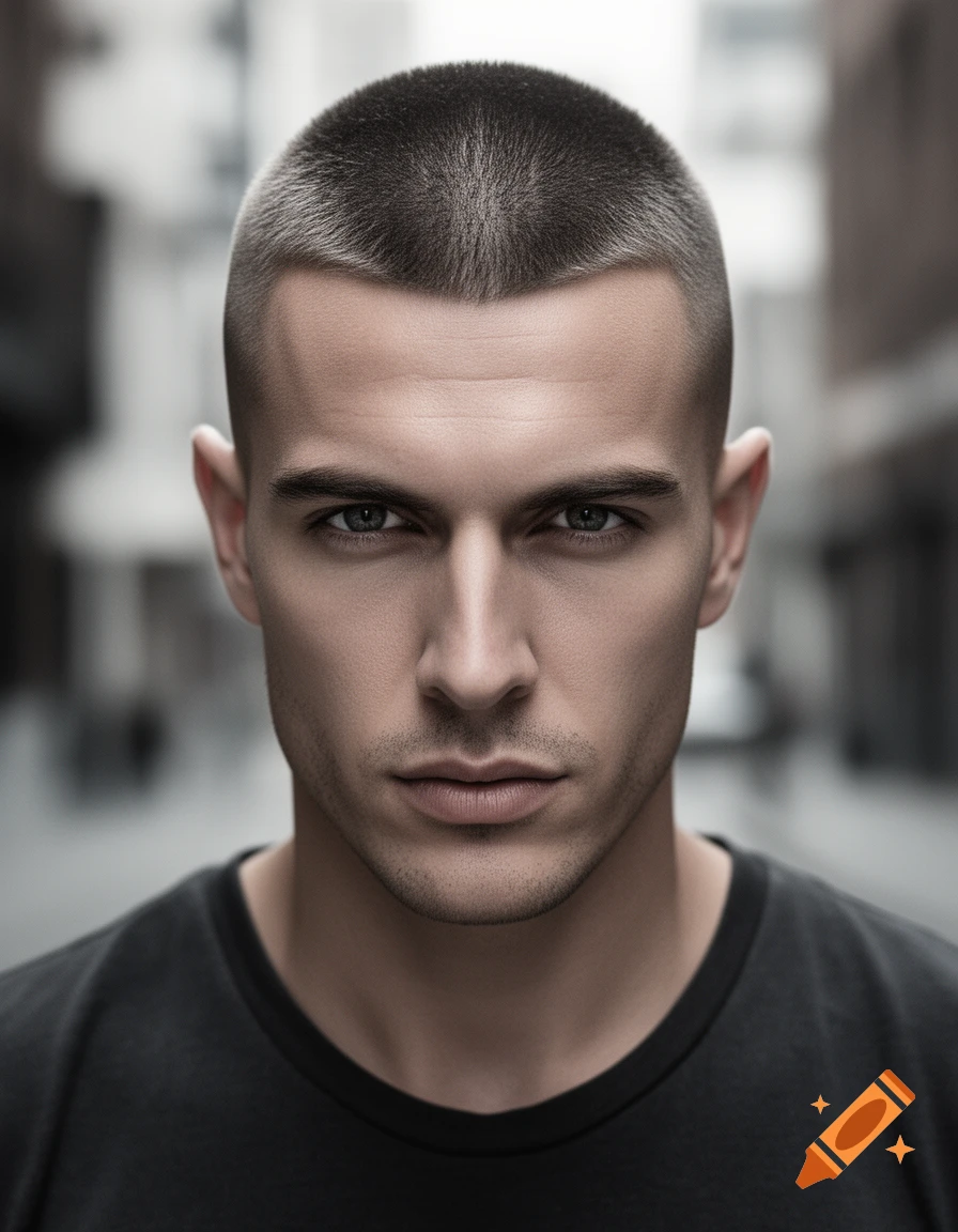 Photorealistic portrait of a man with a buzzcut haircut, intense eyes, and a serious expression looking directly forward.