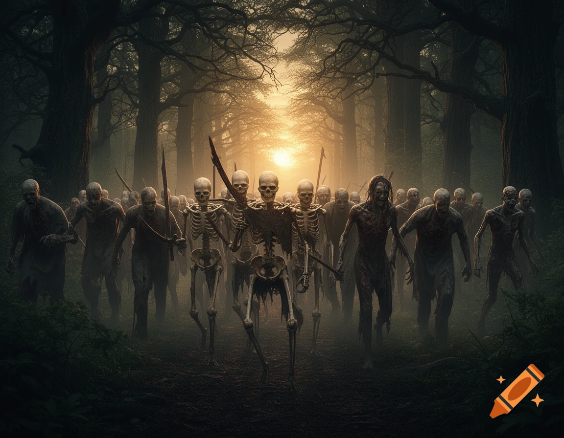 An army of skeletal warriors and zombies marches through a dark, misty forest path towards a bright sunset.