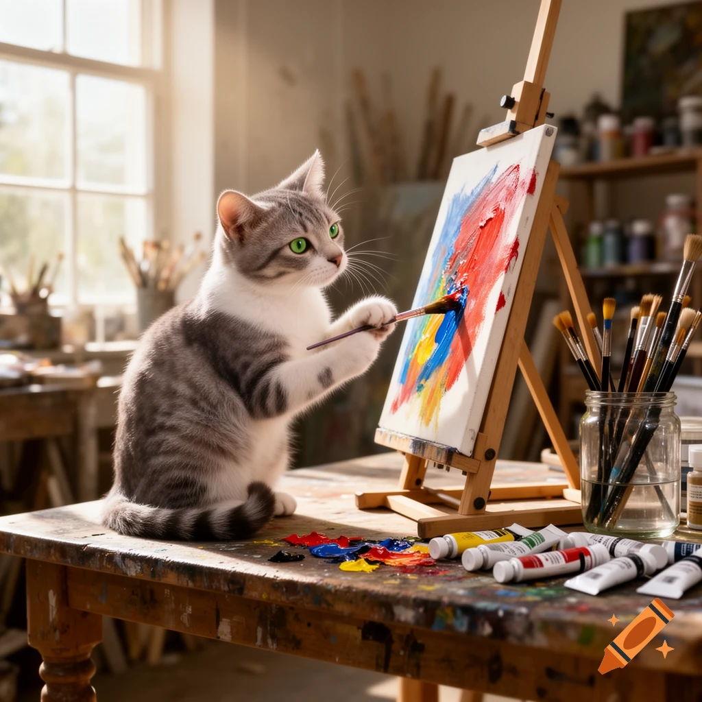 A cute tabby and white kitten with vibrant green eyes paints an abstract artwork on a small easel in a sunlit art studio, surrounded by paint and brushes.