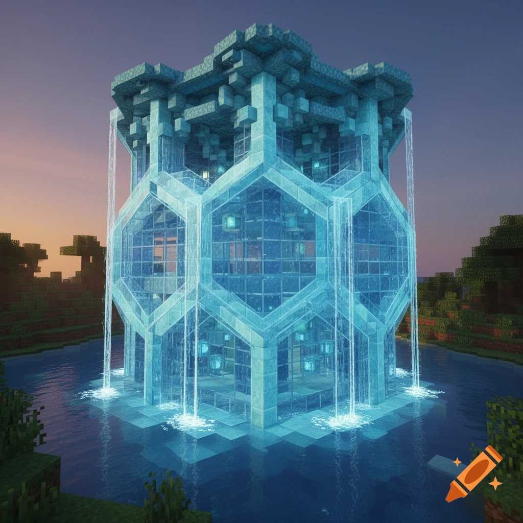 A hexagonal blue glass building with waterfalls, resembling a Minecraft structure, in a body of water at sunset.