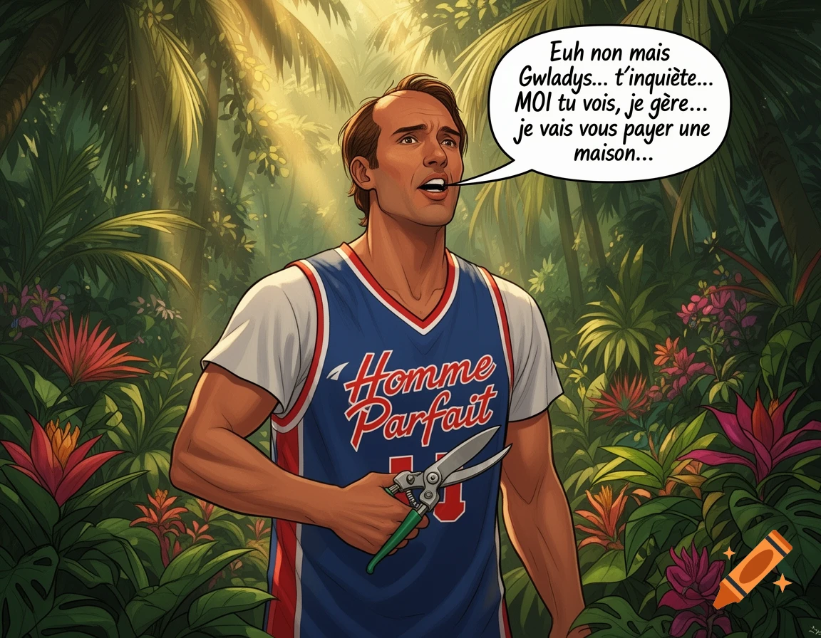 A cartoon man in a 'Homme Parfait' jersey holds pruning shears in a tropical jungle, speaking from a speech bubble.
