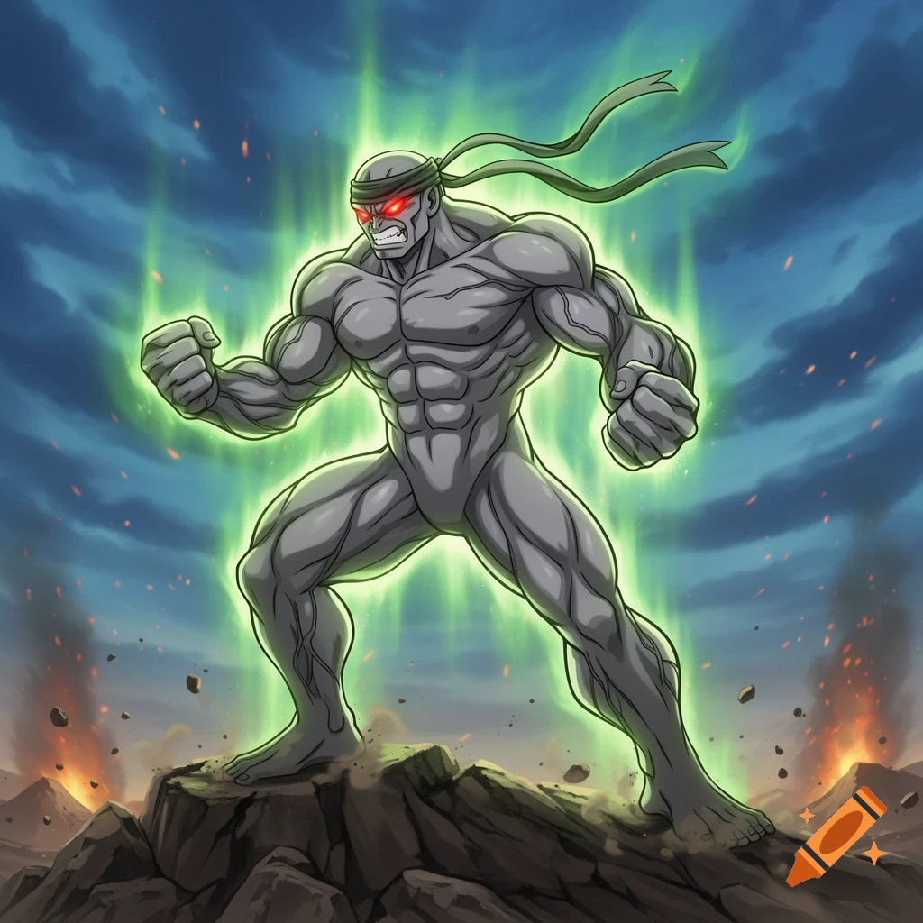 A muscular, grey-skinned, anime-style monster with red eyes and a headband, emanating green energy, stands on a rocky mountain.