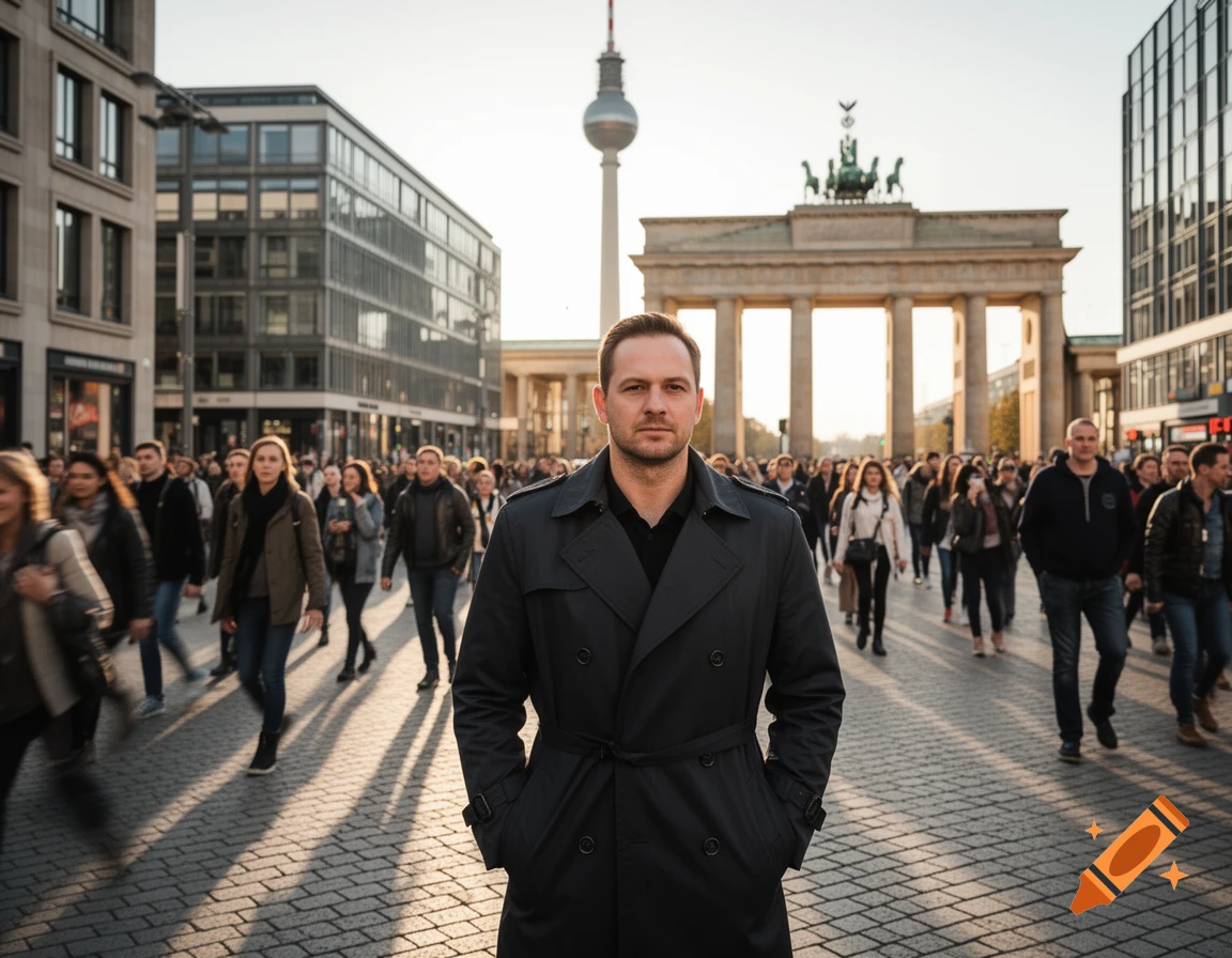 A man in a dark trench coat stands on a crowded Berlin street with the Brandenburg Gate and TV Tower in the background.
