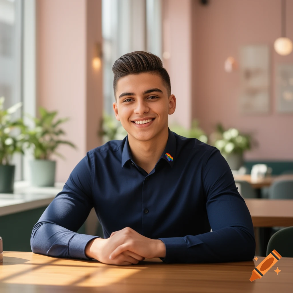 A smiling young man with styled dark hair and a rainbow flag pin on his blue shirt sits at a wooden table in a cafe.