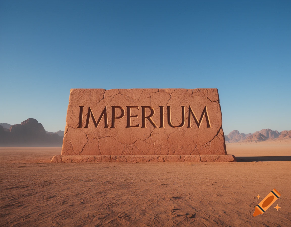 A large, cracked stone monument with "IMPERIUM" carved into it stands prominently in a vast, flat desert landscape under a clear blue sky, with distant mountains.