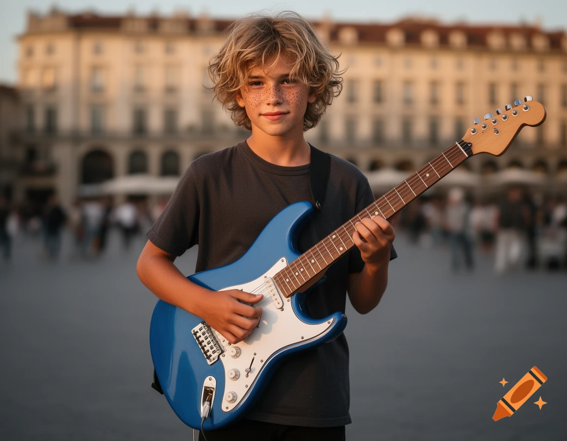 Young boy with curly blonde hair and freckles holding a blue and white electric guitar outdoors in a city setting.