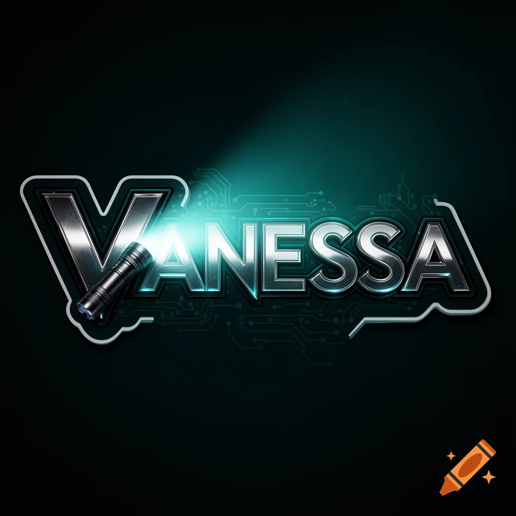 Metallic 'VANESSA' text with a flashlight casting light, set against a dark background with teal circuit board patterns.