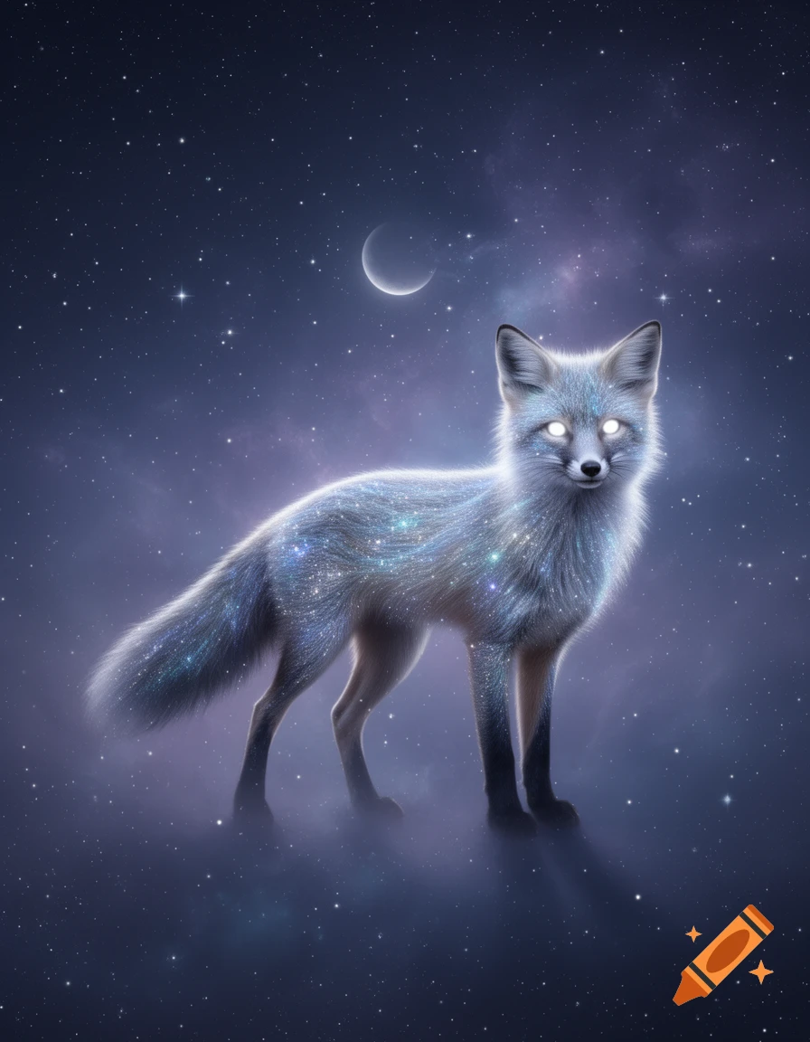 A luminous celestial fox covered in sparkling stars with glowing eyes stands under a crescent moon in a deep blue starry night sky.