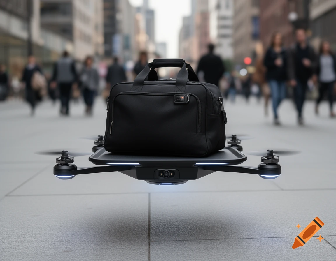 A futuristic drone carrying a black travel bag floats above a city sidewalk with blurred people in the background.