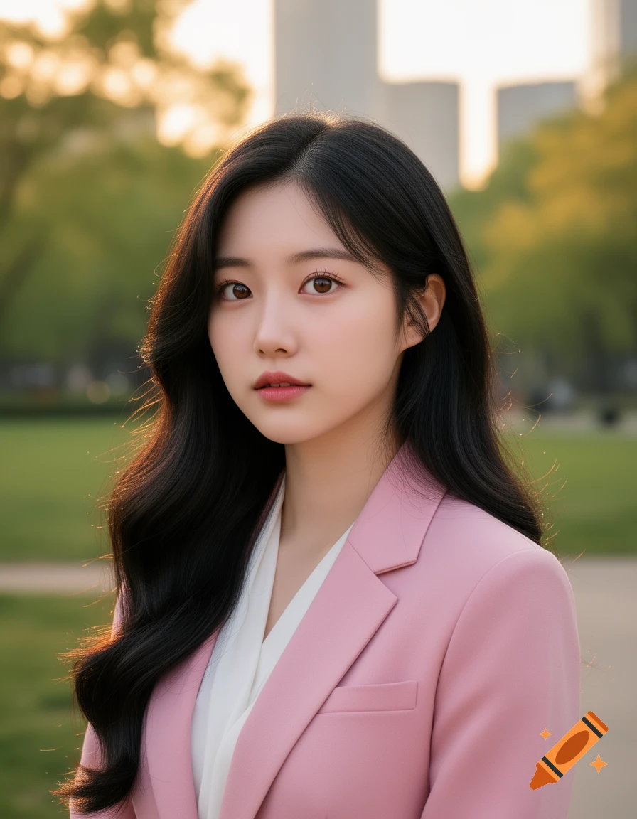 Photorealistic portrait of a young woman with long dark hair, wearing a pink blazer and white blouse, outdoors with blurred greenery.