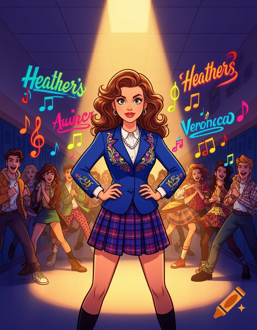 Animated Veronica Sawyer from Heathers musical in a spotlight, standing in a school hallway with other students and neon text.