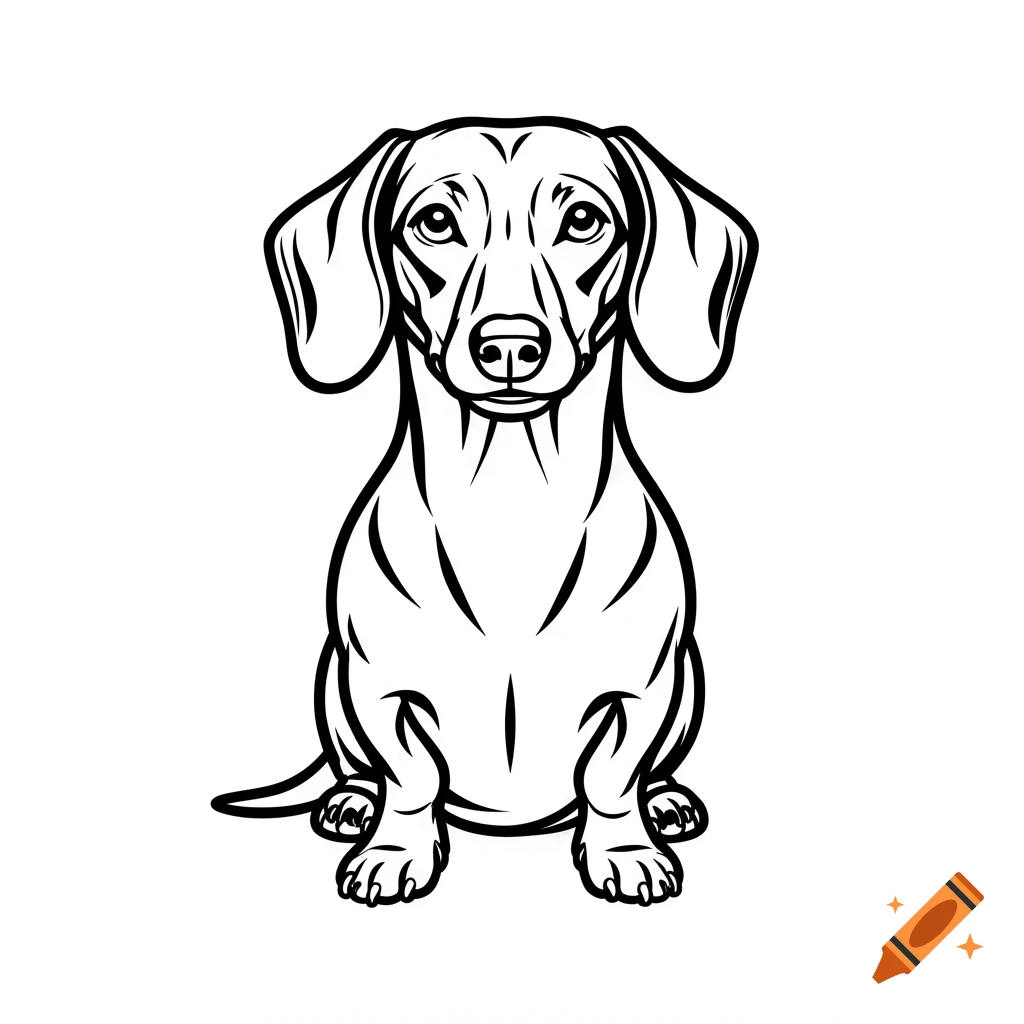 Black and white line art drawing of a sitting dachshund dog, facing forward with a friendly and attentive expression on a white background.