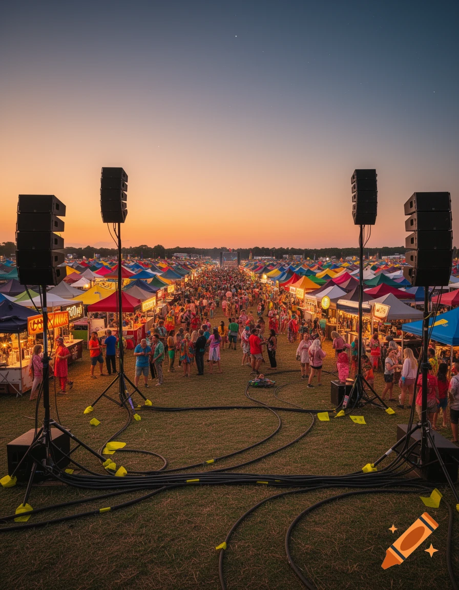 A vibrant outdoor festival at sunset, with numerous colorful vendor tents, a large crowd, and two prominent speaker stacks in the foreground.