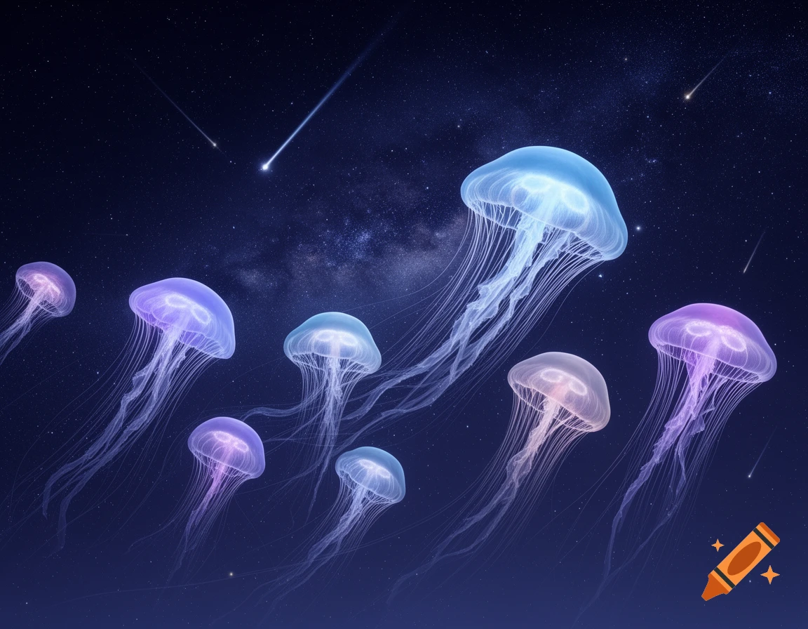 Dreamy, glowing blue and purple jellyfish with long tendrils floating in a dark night sky filled with stars and shooting stars.