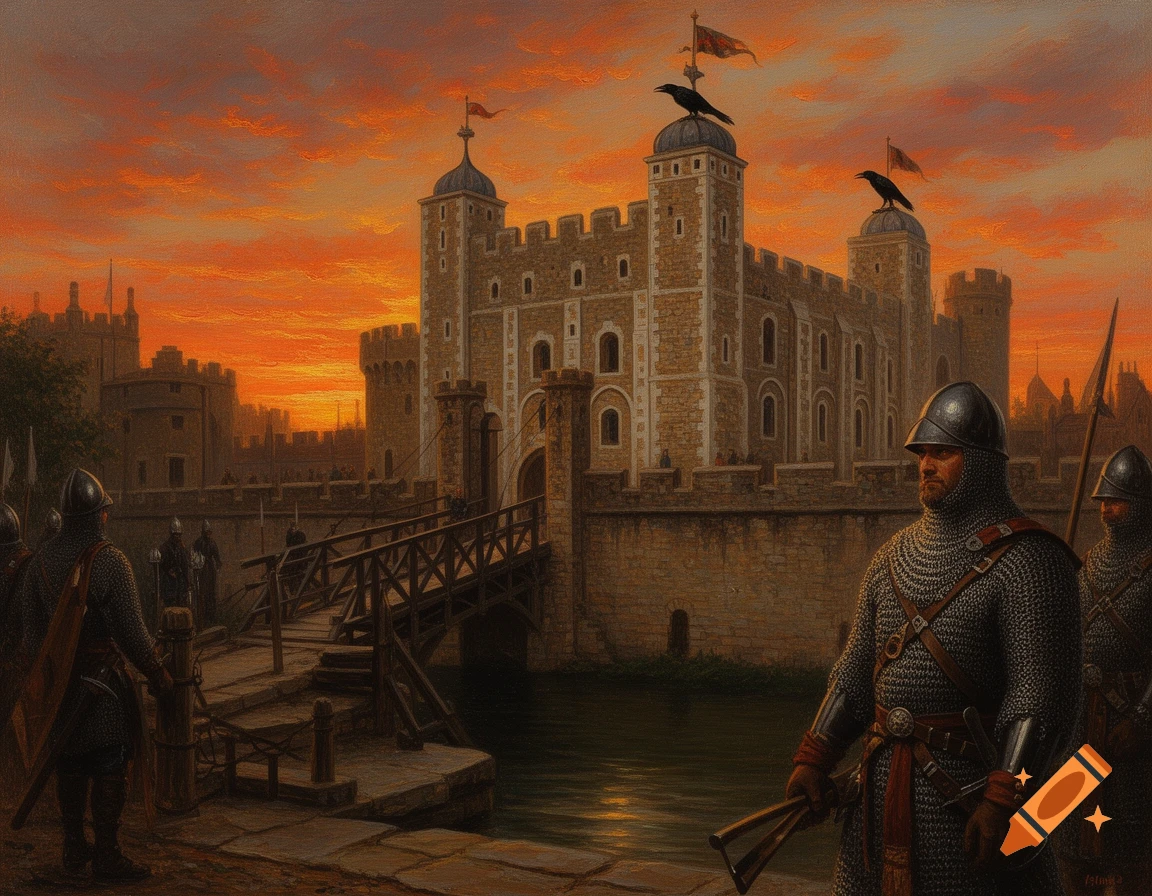 Oil painting of the Tower of London at sunset with guards in chainmail armor, a drawbridge over a moat, and ravens on towers.