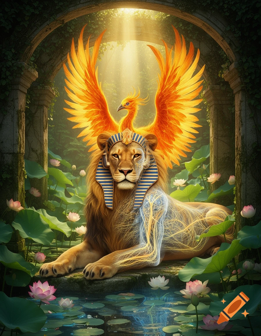 A majestic lion wearing a pharaoh's crown, with a phoenix and glowing nervous system pattern on its body, sits amidst lotus flowers in a mystical forest.