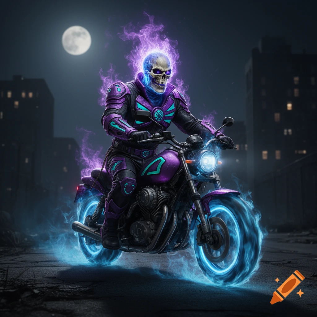 A flaming purple skeletal figure rides a purple and black motorcycle with blue glowing wheels down a dark city street under a full moon.
