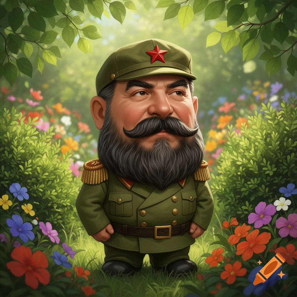 A cartoonish gnome resembling Joseph Stalin in a military uniform with a large mustache and beard, wearing a cap with a red star, standing in a lush garden filled with colorful flowers.