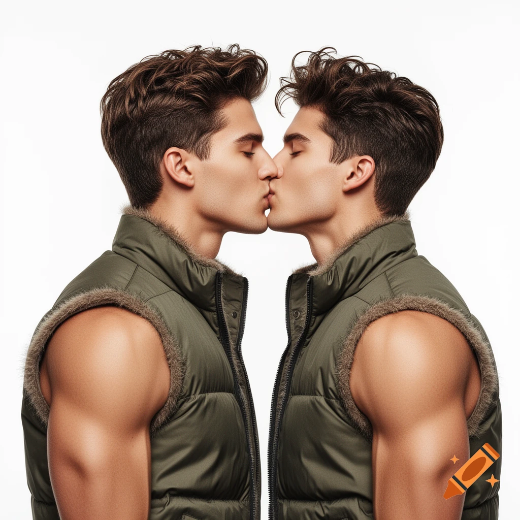 Two handsome young muscular men in sleeveless puffer vests kissing, against a white background.