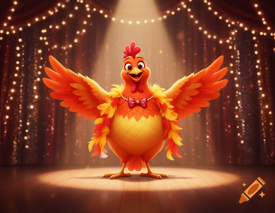 A smiling orange and yellow cartoon hen with a bow tie and feather boa stands with wings spread on a spotlighted stage with a sparkling curtain background.