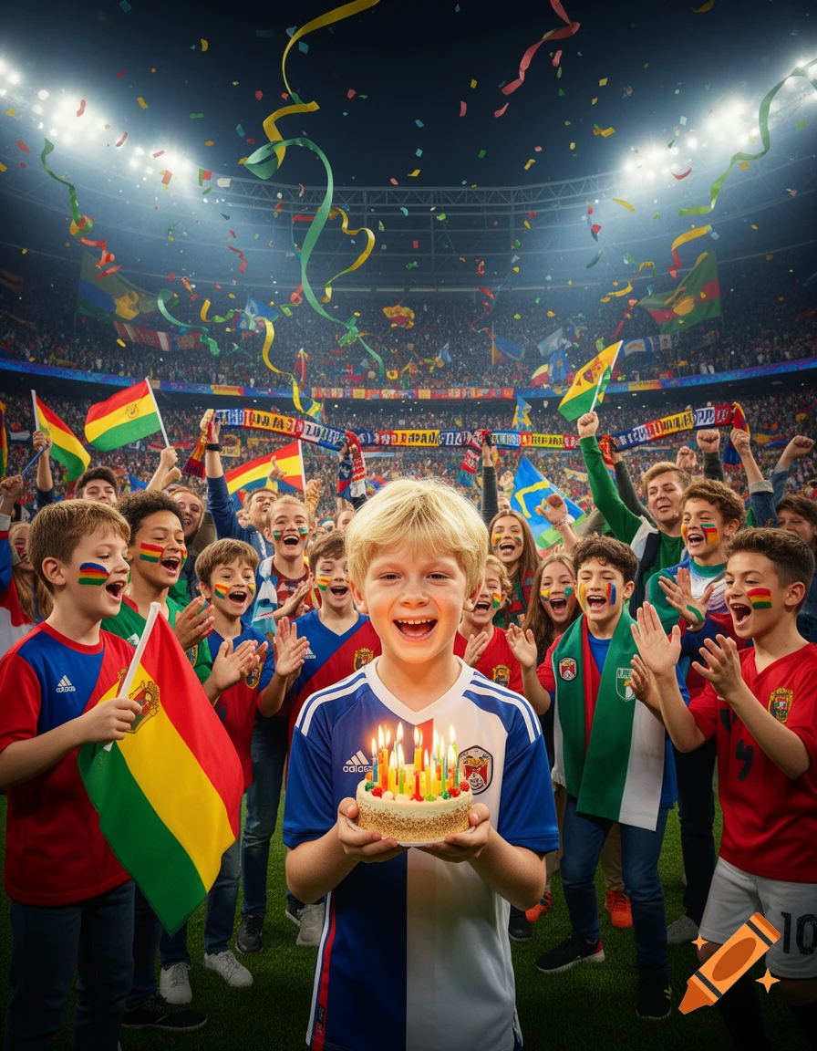 A blonde boy smiles, holding a lit birthday cake in a packed football stadium, surrounded by cheering children with flags and confetti falling.