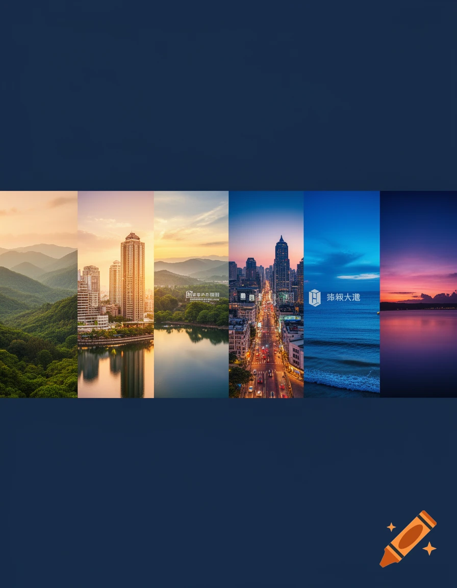 A photorealistic collage of six vertical panels showcasing diverse scenes: mountains, a lakeside city, a vibrant city street at night, ocean waves, and a sunset over water.