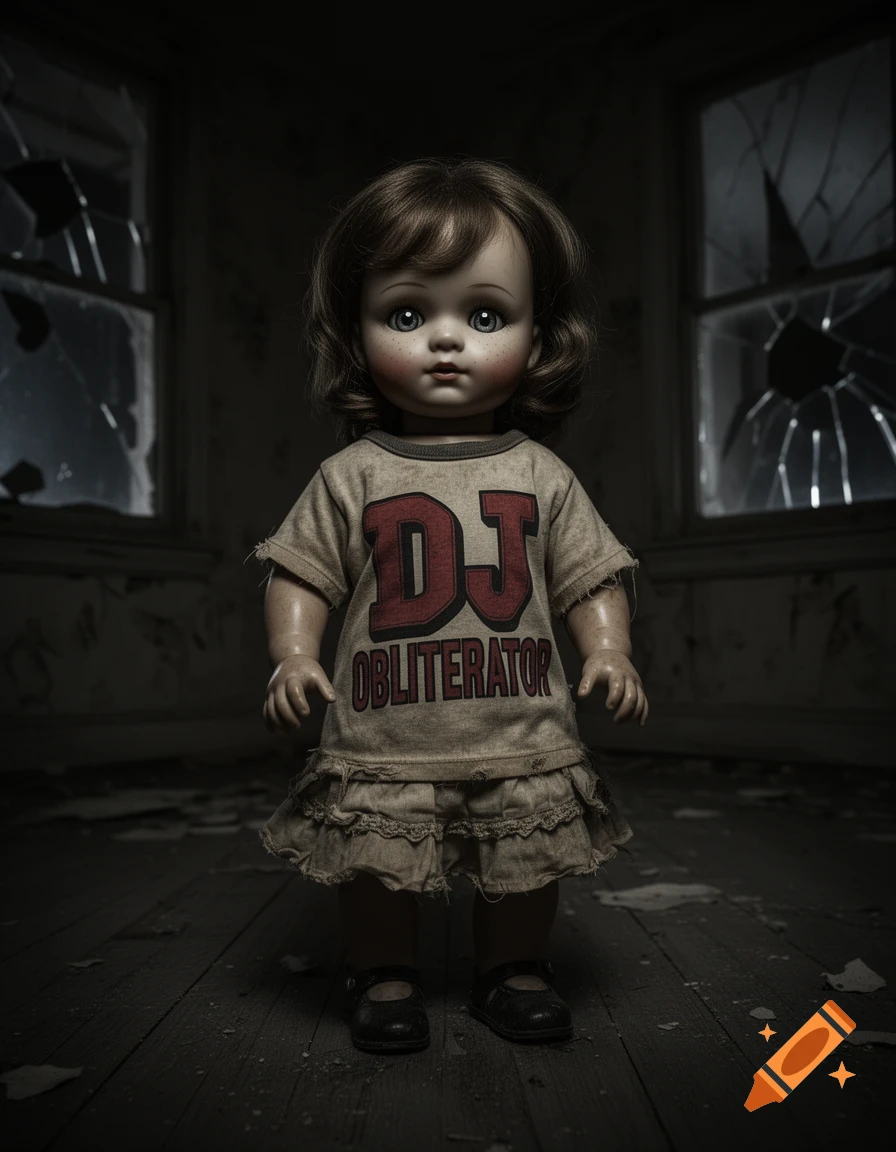 A creepy vintage doll wearing a 'DJ OBLITERATOR' t-shirt stands in a dark, dilapidated room with broken windows.