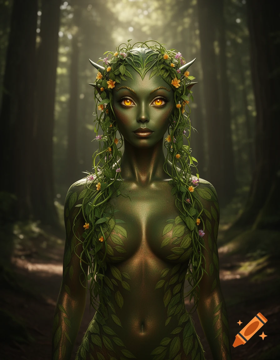 Green-skinned fantasy woman with glowing orange eyes and horns, covered in leaves and flowers, stands in a mystical forest.