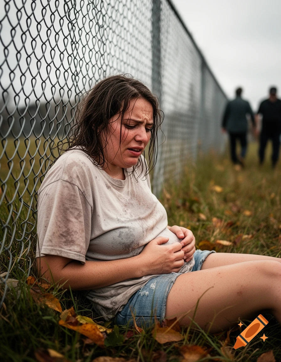 A distressed woman, dirty and clutching her stomach, sits against a chain-link fence in a grassy outdoor setting.