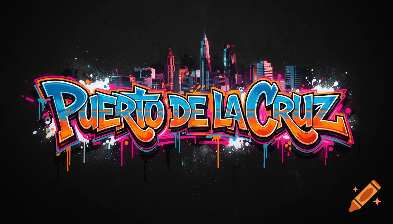Colorful graffiti art spelling 'Puerto de la Cruz' in blue and orange with a pink and blue cityscape behind it on a black background.