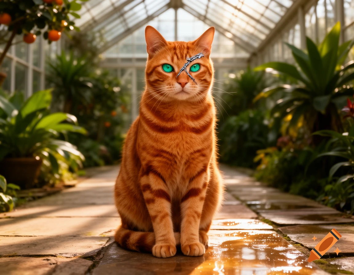 An orange tabby cat with vivid green eyes and a silver mark over its left eye sits on a stone path in a sunlit greenhouse.
