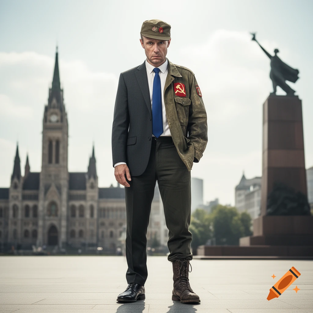 A man in a split suit and military uniform with a hammer and sickle patch, standing outdoors in front of a grand building and a large statue.