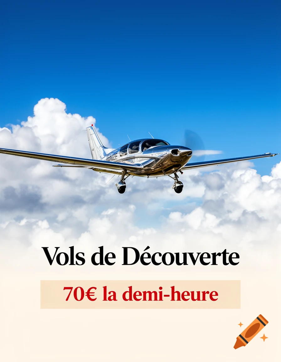 A shiny silver propeller plane flies through a blue sky with white clouds, above text advertising 'Vols de Découverte' for 70 per half hour.