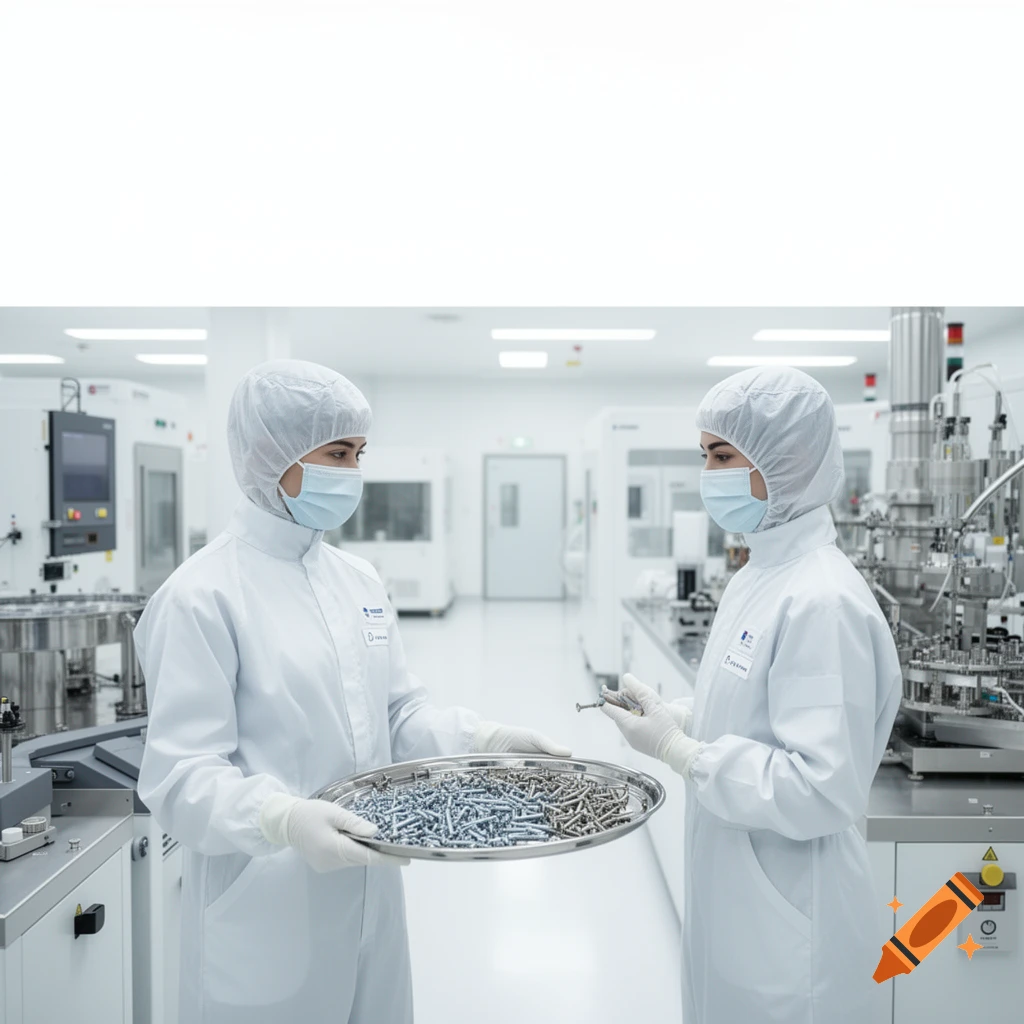 Two people in white cleanroom suits and masks, one holding a tray of fasteners, inside a sterile, photorealistic laboratory.