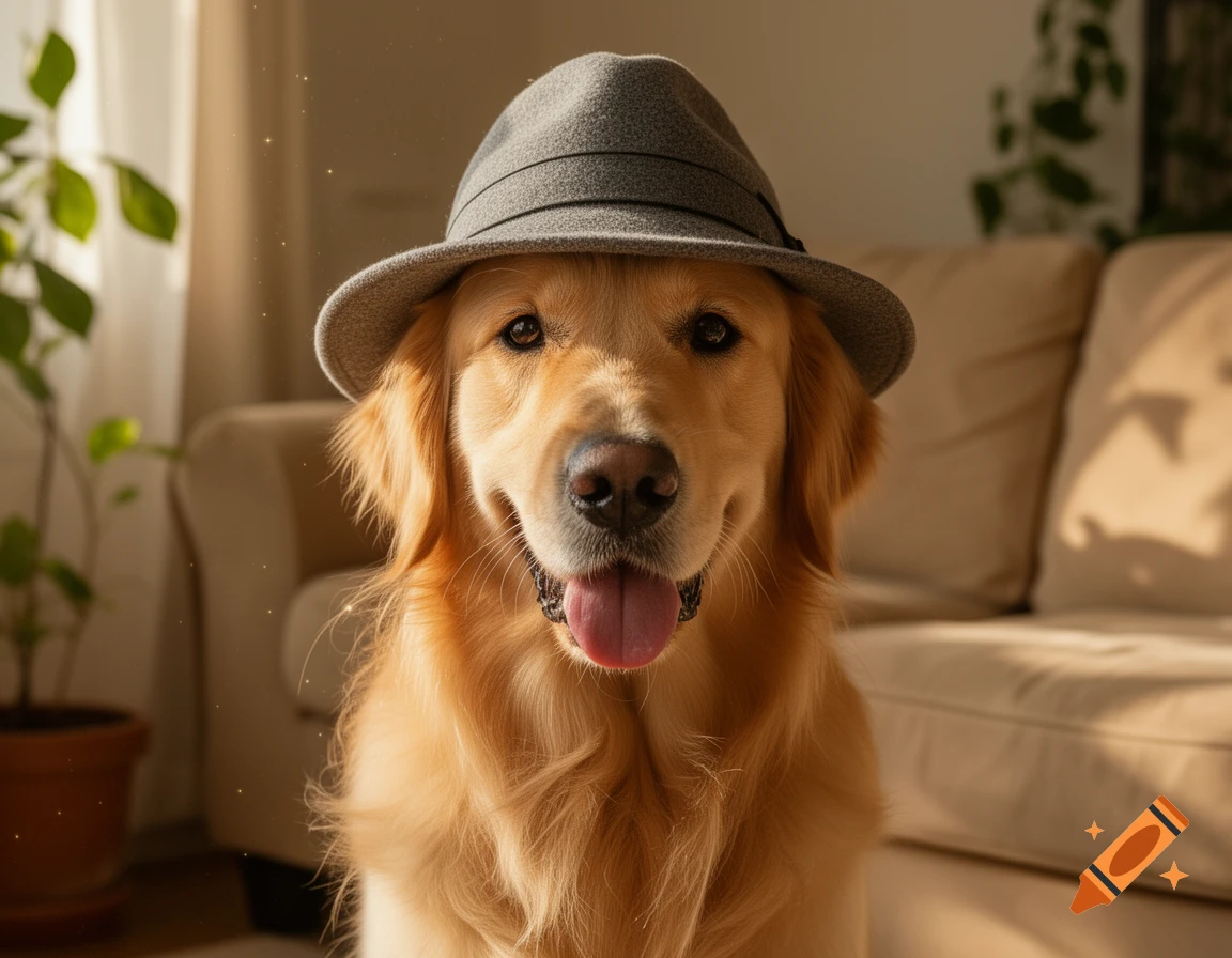 A golden retriever wearing a grey fedora hat, looking directly at the camera with its tongue slightly out, in a brightly lit indoor setting.
