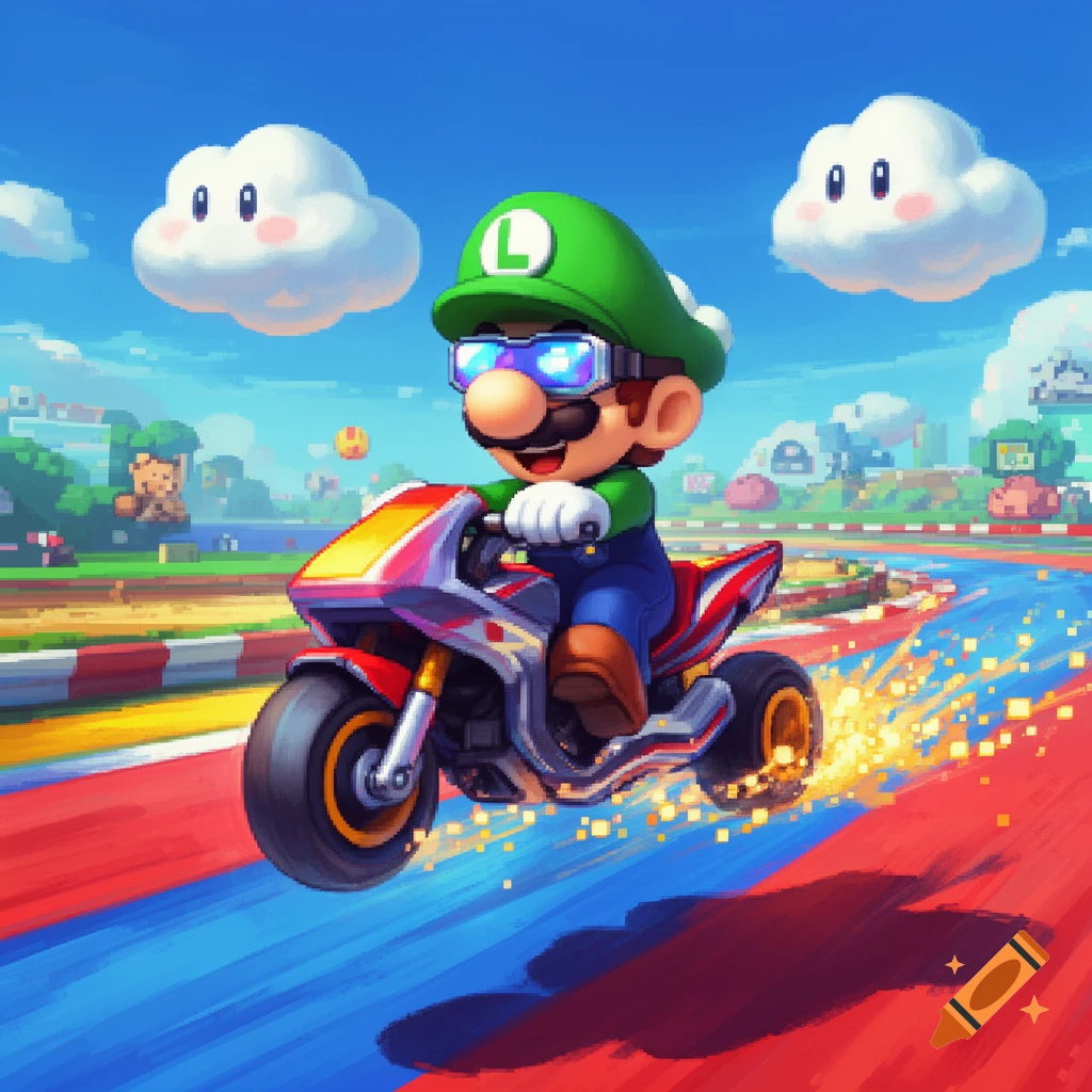 Luigi in a green cap and goggles rides a red and silver motorcycle on a vibrant blue and red racetrack with pixelated clouds and scenery under a bright sky, in a stylized, modern pixel art style.