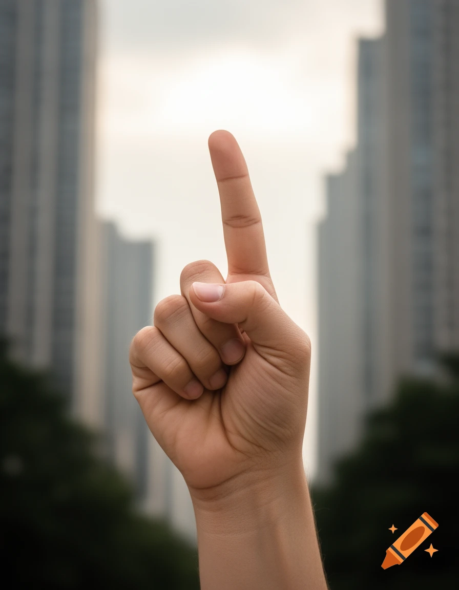 A photorealistic close-up of a hand with one finger pointing upwards against a blurry city backdrop.